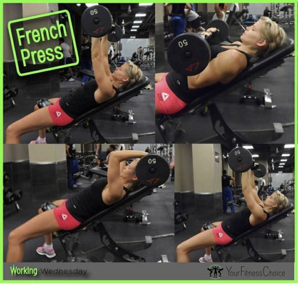 The French bench press with the dumbbells on an incline settle