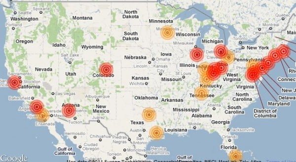 the map of the USA with the places of the many bed bugs