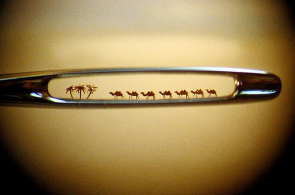 Caravan of camels in the eye of the needle