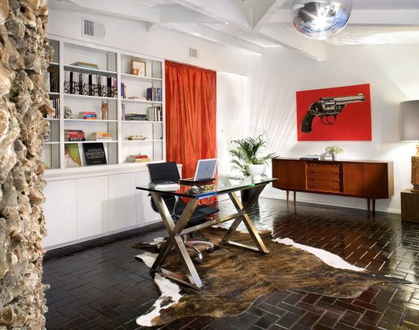 beauteous-design-home-office-interior-ideas-rectangle-shape-metal-office-desk-with-glass-top-unique-brown-leather-rug-rectangle-shape-brown-wooden-filing-cabinets-built-in-storage-shelves-home-office